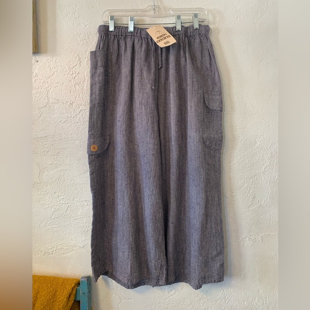 FLAX NWT LINEN PANTS CARGO GAUCHO WIDE LEG SZ M DUSK BLUE CROSS DYE LAGENLOOK